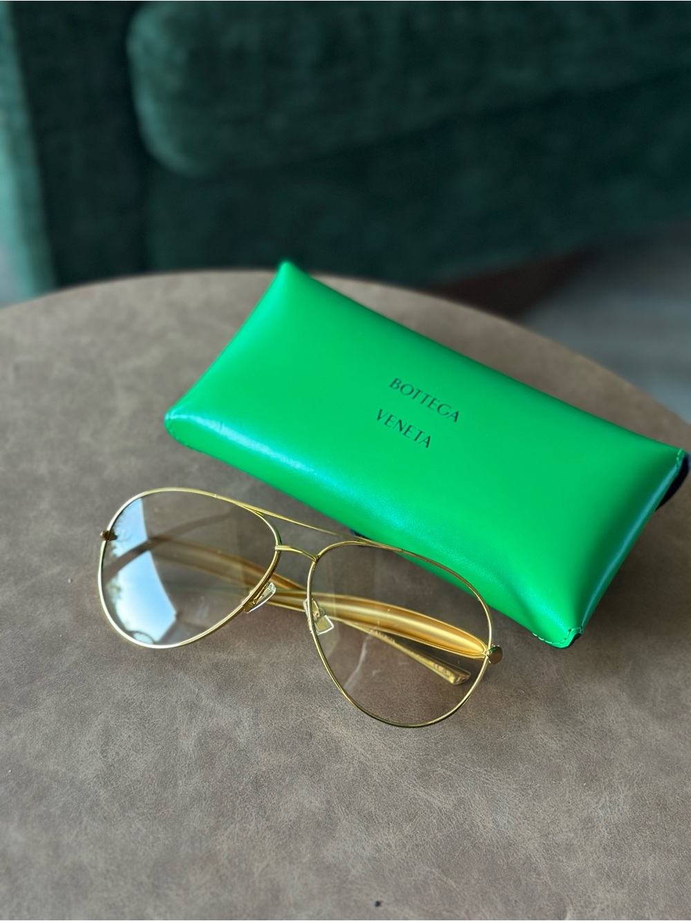 Bottega Veneta Gold Aviator Sunglasses with Green Case